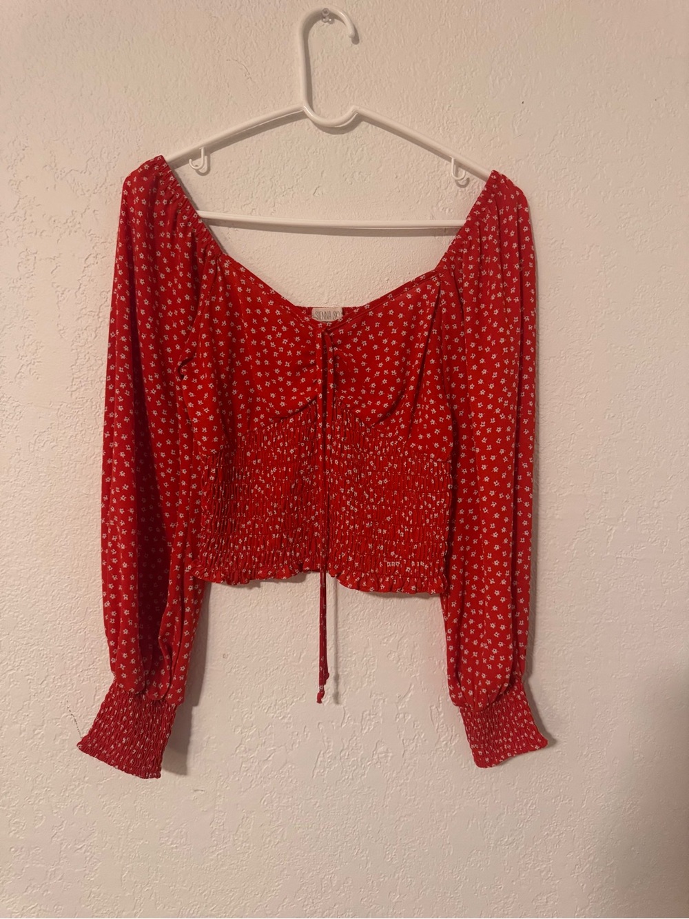 Red Floral Smocked Long-Sleeve Crop Top